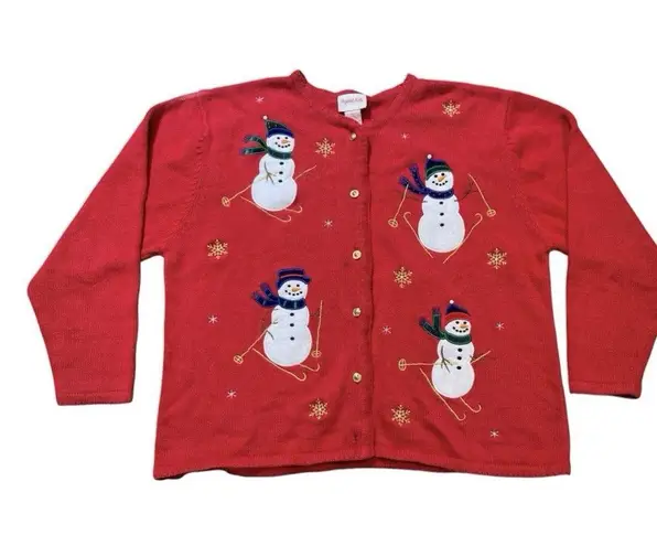 Vintage Crystal Kobe Snowman Patch Red Christmas Cardigan Size L Ugly Sweater Size M