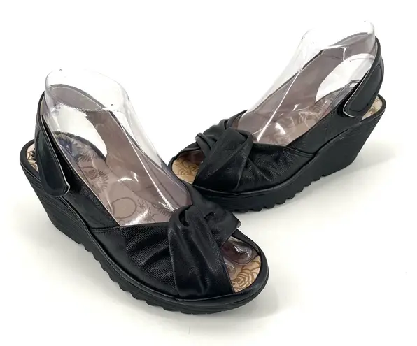 Fly London Yakin Black Leather Comfort Wedge Slingback Sandal