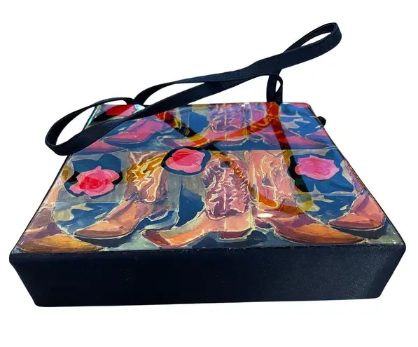 Angela Frascone Vintage Novelty Art Tote Bag Purse Cowboy Boots Roses Top Handle Black