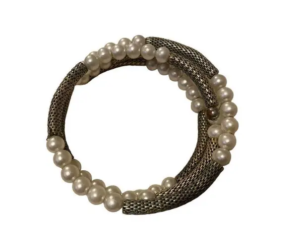 Vintage Bracelet Gold Tone White Faux Pearl Beads Wrap Cuff