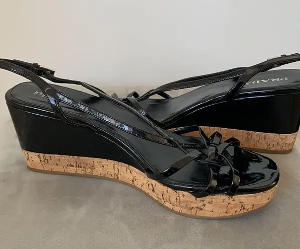 Prada Slingback Black Cork Wedge Sandals