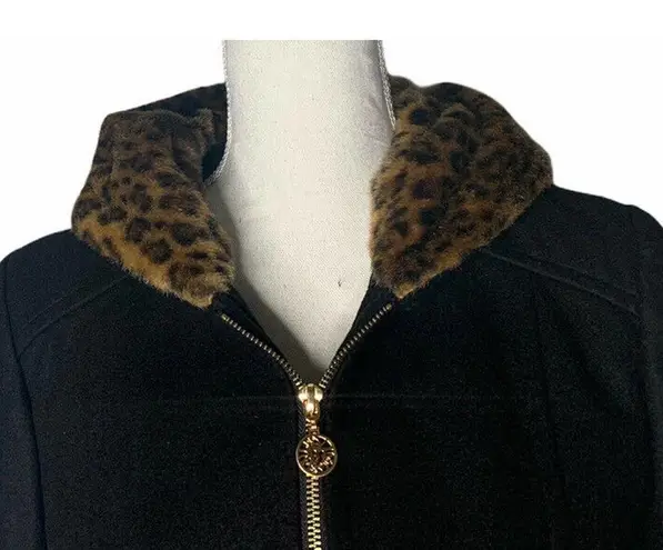 Anne Klein Womens  Black Wool Blend Coat Animal Print Faux Fur Hood Zip Front Sm