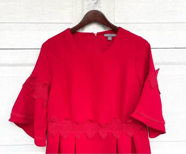 Jessica London Womens Dress Red Fit Flare Crochet Trim Holiday Size 12