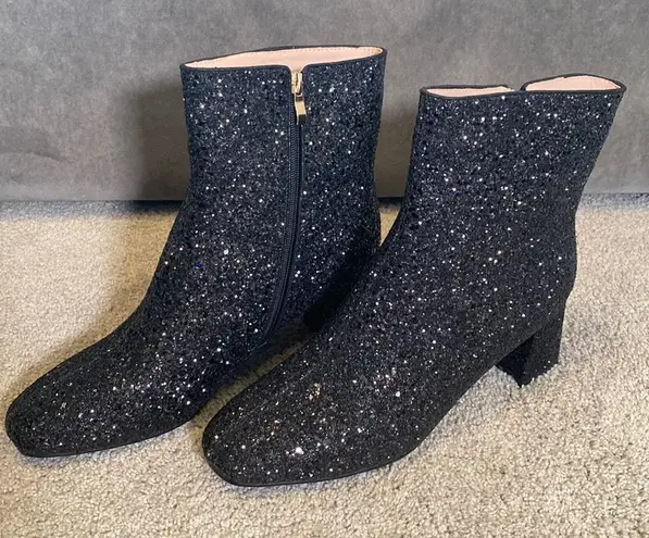 Women’s Black Glitter Covered Chunky Heeled Party Boots with Zipper Size 11