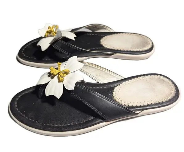 Vtg Y2K Lands' End Black White Leather Flower Accent Toe Post Thong Sandals Sz 6