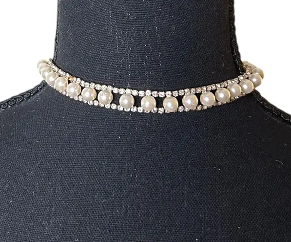 Shiny Pearl and Silver Colored Rhinestone Choker Necklace 14” Flat | Y2K Glam
