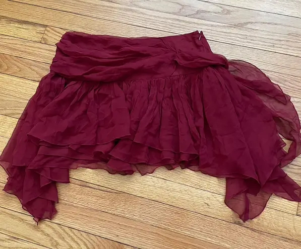 Bebe vintage y2k silk Asymmetrical Ruffle Cheerleader Layer High Low Maroon Chiffon tie belt Women's mini Skirt Size M