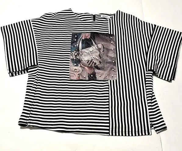 Why Dress Women Size Large Black White Striped Blouse Handbag Faux Pearls Preppy