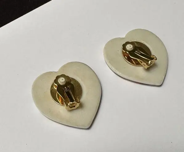 Large Oversized Ceramic Heart Clip On Earrings Multi Color Floral Mosaic Print