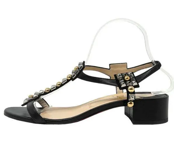 Christian Louboutin  Kaleidra Metallic Silver Gold Studded Black Leather Sandals