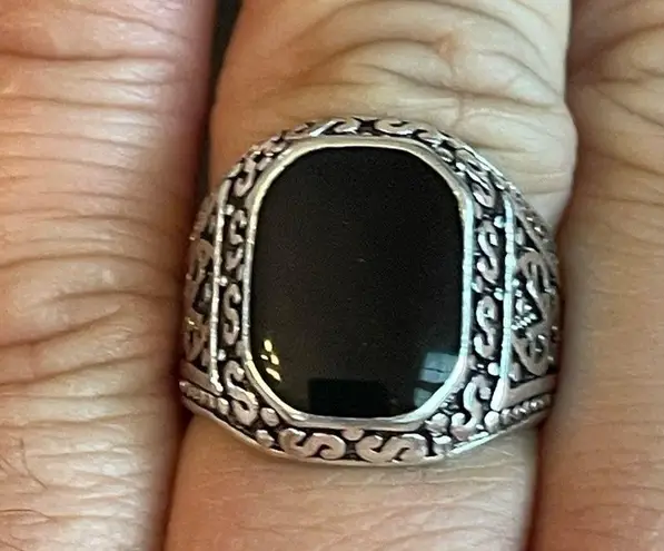 Natural black obsidian S925 silver ring size 8