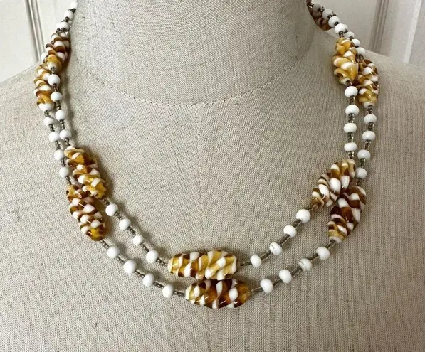 White and yellow swirl long beaded necklace