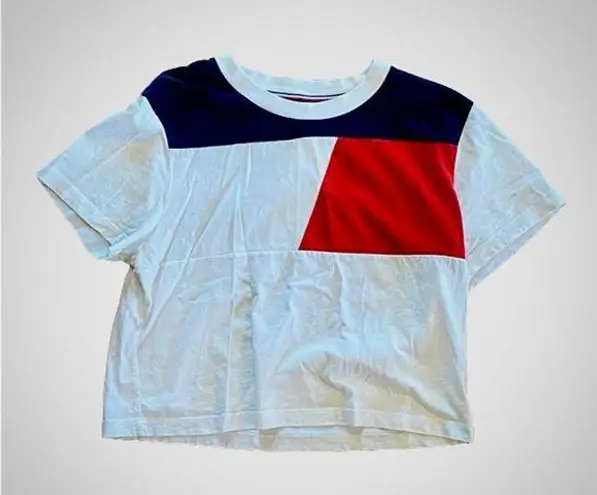Tommy Hilfiger  Y2K Style Colorblock Cropped White T-Shirt Top Womens Medium - Image 1
