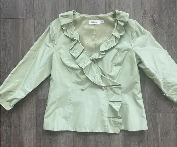 Rickie freeman Teri Jon Sage Green Silk Taffeta Jacket Size 10