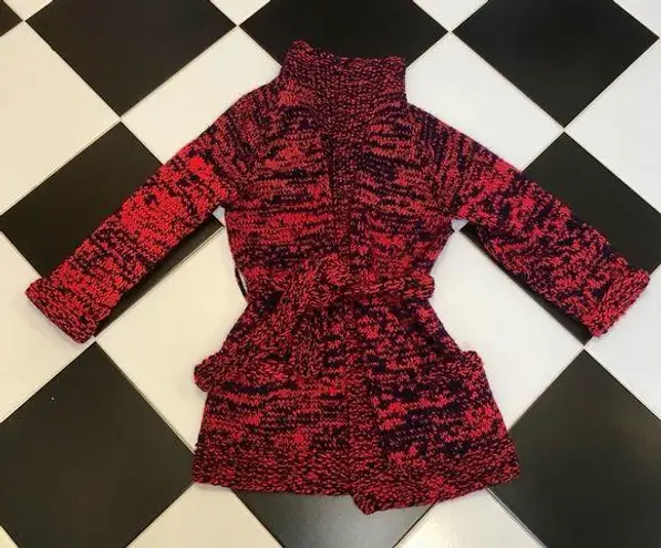 Vintage Handmade Belted Open Sweater Duster Hand Knit Red Orange Navy Crochet ~M Size M