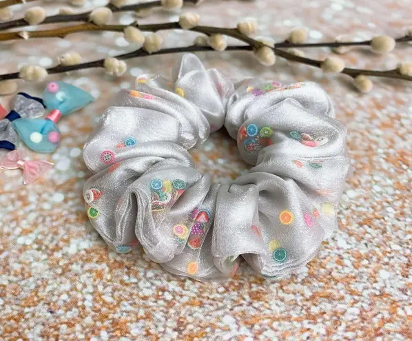 Silver Crystal Organza And Satin Double Layered Mixed Fruit Shaker Scrunchie Filled Scrunchie - Image 1