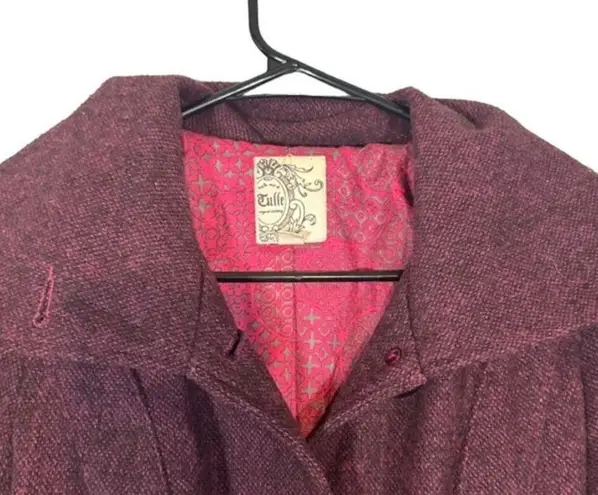 Tulle Maroon Wool Blend Button Front Belted Collared Winter Pea Coat Women Sz XS