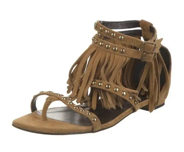 Saint Laurent  | Gladiator Suede Fringe Flat Studded Sandals Tan 35 - Image 2