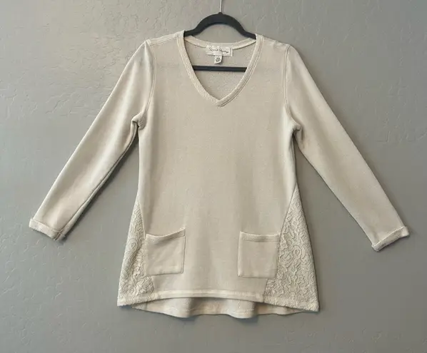 French Laundry ⭐️ cream colored pocket front sweater with lace details size large