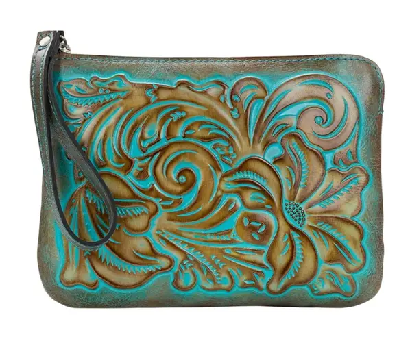 Patricia Nash Cassini Teal Leather Tooled Wristlet