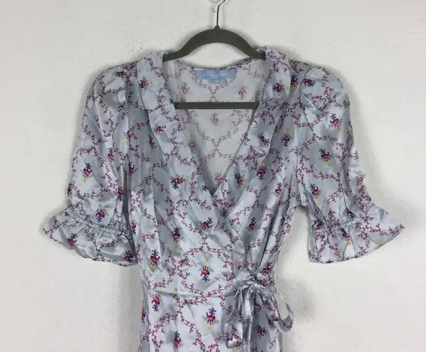 Hill House  100% Silk Nima Wrap Mini Dress Small Blue Floral Cabernet Trellis