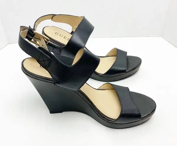 Guess  Jasminn Leather Upper Black Open Toe Wedge Sandals, Size 8.5