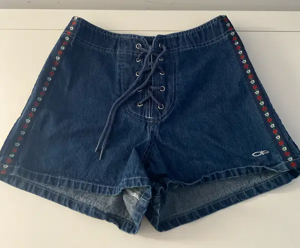 Ocean Pacific OP Women's Lace-Up Dark Blue Jean Shorts with Colorful Trim