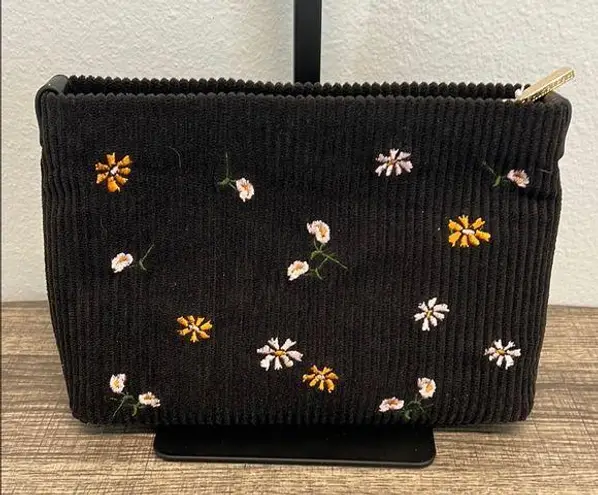 ✨Shiraleah Black Corduroy Cosmetic Bag with Floral Embroidery 🌼