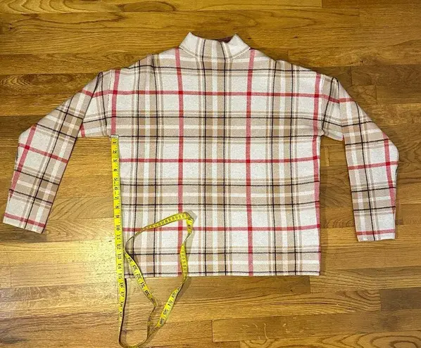 Tahari Taharai Mock Neck Beige Tan Red Plaid Pullover Long Sleeve Sweater Top Size XL