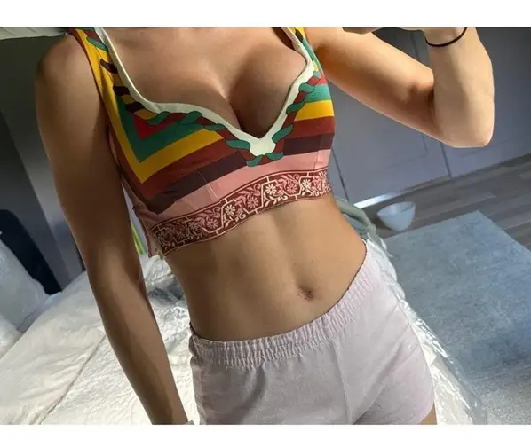 LA DOUBLEJ Multicolored Striped 100% Cotton Festival Plunge Crop Top Size XS