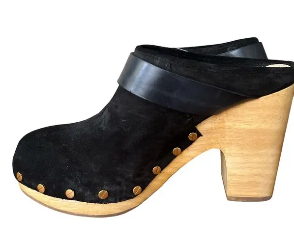 Veronica Beard Black Dacey Suede Heeled Clogs Size 7 Leather Boho Mules