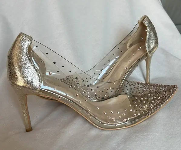 Miluoro High Heel Women's Pointed Toe Crystal Rhinestone Transparent Shoes Gold Size 8