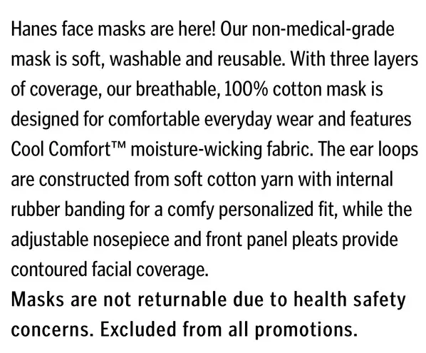 Hanes fabric face masks - 5 pack