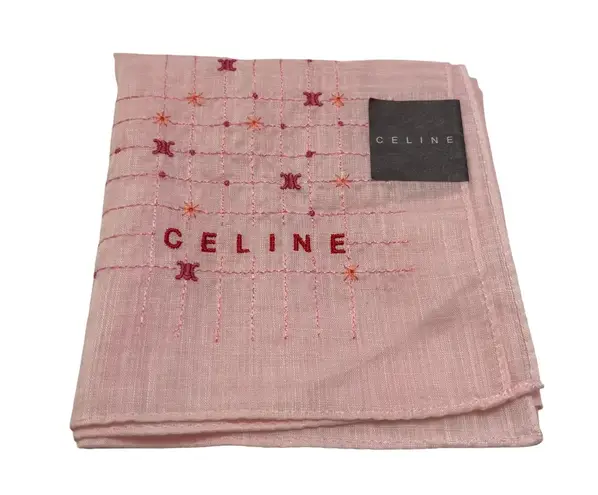 CELINE Pink Embroidered Cotton Handkerchief Scarf 100% Cotton Japan 19"