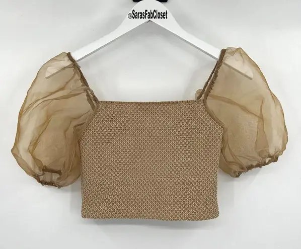 ASTR  The Label Tan Organza Puff Sleeve Top Cropped Smocked Top Women's Size XS