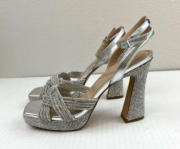 ALDO  Glimma Metallic Crystal Silver Rhinestone Heeled Platform Sandals Size 6.5