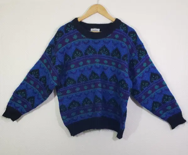 Vintage Gallagher Large Blue/Purple Geometric Cozy, Fuzzy, Knit Sweater GUC Blue