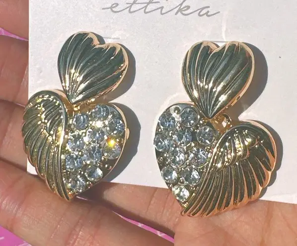 Ettika earrings gold tone half wings half diamonds paved heart shade drops