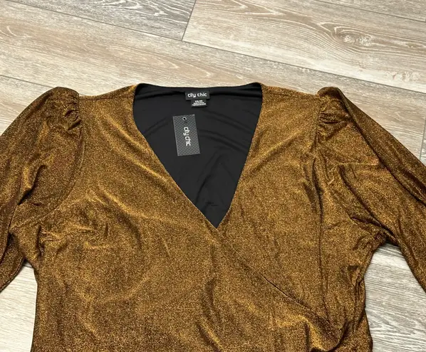 City Chic NWT  Sz XXL Faux Wrap Surplice Knit Top Bronze Copper Shimmer Holidays!