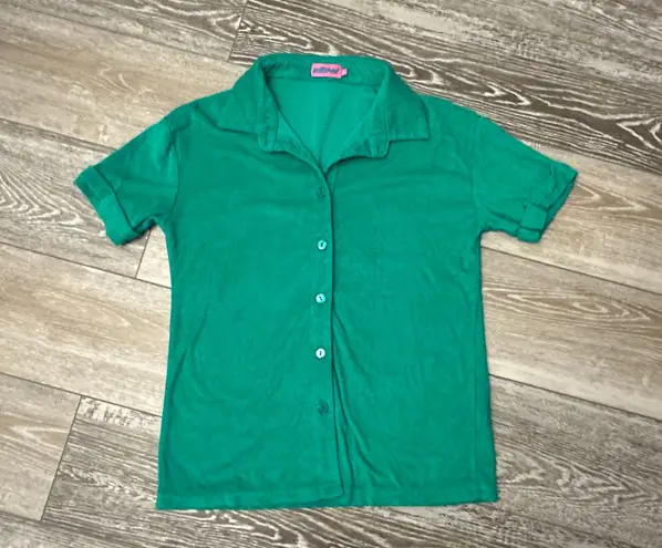Edikted Sz S Green Terrycloth Short Sleeve Top Button Down Shirt Terry Cloth