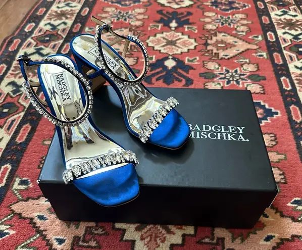 Badgley Mischka New Satin Navy Heels with Gemstone Accents