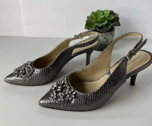 Adrienne Vittadini Surya Slingback Shoes Sz 6M Snake Skin Crystals Pewter Glam