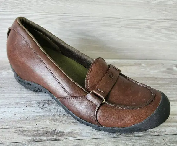 Merrell Plaza Glide Wedges Shoes 8 Saddle Brown Leather Driving Loafers Slip On