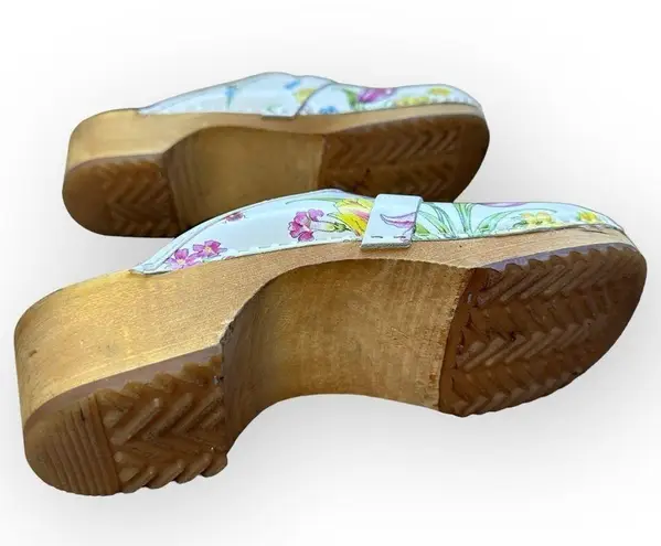 Buxa Floral Leather Clogs Wooden Sole Slip