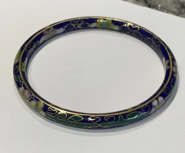 Cloisonné Vintage Costume Bracelet Bangle Blue Flower Pattern