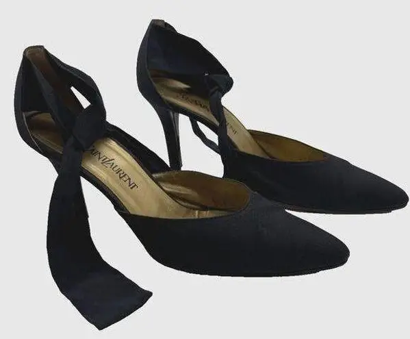 Saint Laurent VTG YSL Yves Heels Ankle Strap Bow Tie Matte Satin Sz 9.5 READ
