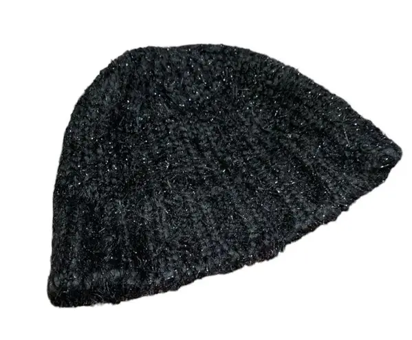 Black Knit Beanie Hat Women’s One Size Accessory Sparkly Details Fuzzy Design!