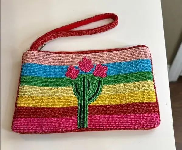 Red and Pink Clutch with Cactus Wristlet Strap 5x9”