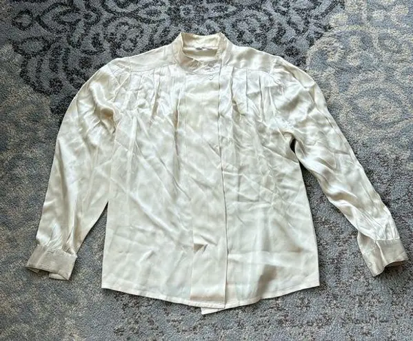 Vintage British Crown Colony Silk Button Down Pleated Blouse Cream 8