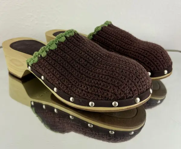 Airwalk Vintage Y2K Fall Brown Green Knit Cottage Wood Heeled Chunky Clog Mules